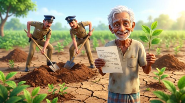 Elderly_man_holding_sapling_202607071942 මහලු පියා සහ සිරගත වූ පුතා