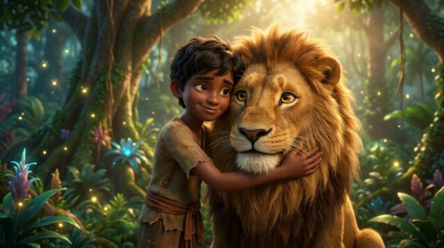 Boy_hugging_lion_mane_202607100446 සිරිමල් සහ කෘතවේදී සිංහ රාජයා