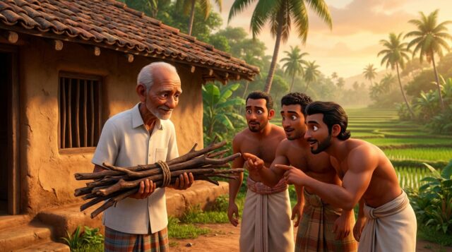 Farmer_and_sons_with_sticks_202607181046 රණ්ඩු කරන සහෝදරයෝ