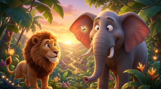 Lion_and_elephant_in_jungle_202607072050 සිංහයාගේ සහ අලියාගේ බය